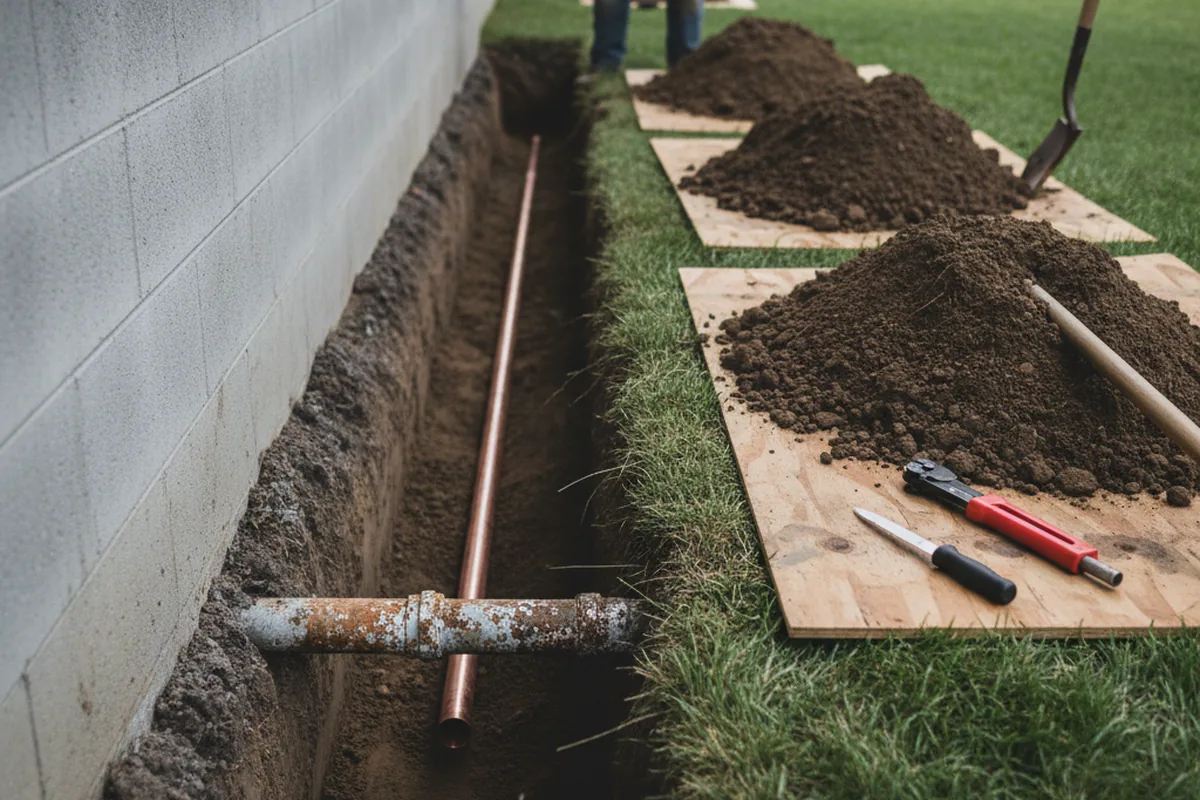 Excavated water line trench during Sewer Line Repair in Fischer